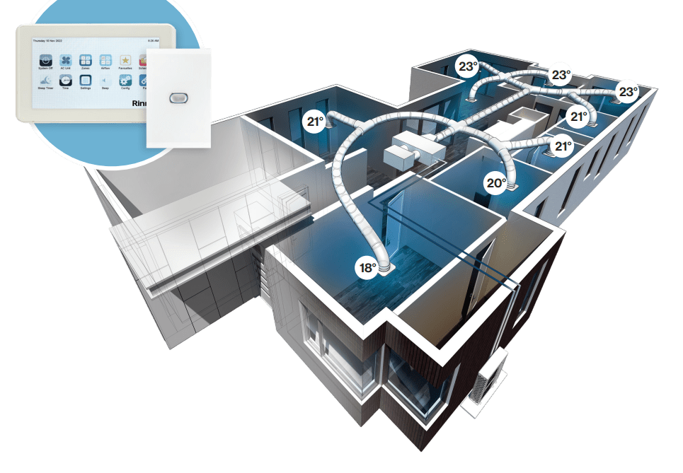 Ducted Air Conditioning in 8 spaces through Rinnai DONSR18B1 Reverse Cycle Air Conditioner outdoor unit